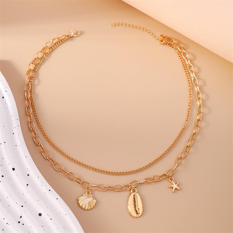 Fashion Gold Color Zinc Alloy Chain Necklace Double-Layer Shell Starfish Pendant Choker Necklace for Women Holiday Gifts
