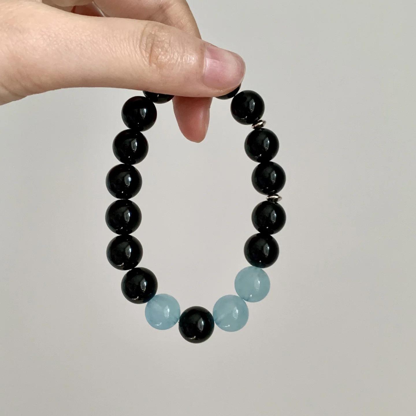 Natural Silver Obsidian Cat s Eye & Blue Aquamarine Crystal Bracelet