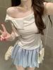 Korean Style Women's Ruffle Off-Shoulder Bow Cotton Top
