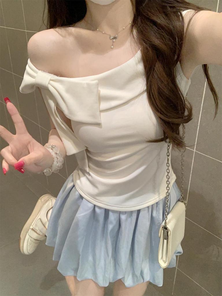 Korean Style Women's Ruffle Off-Shoulder Bow Cotton Top