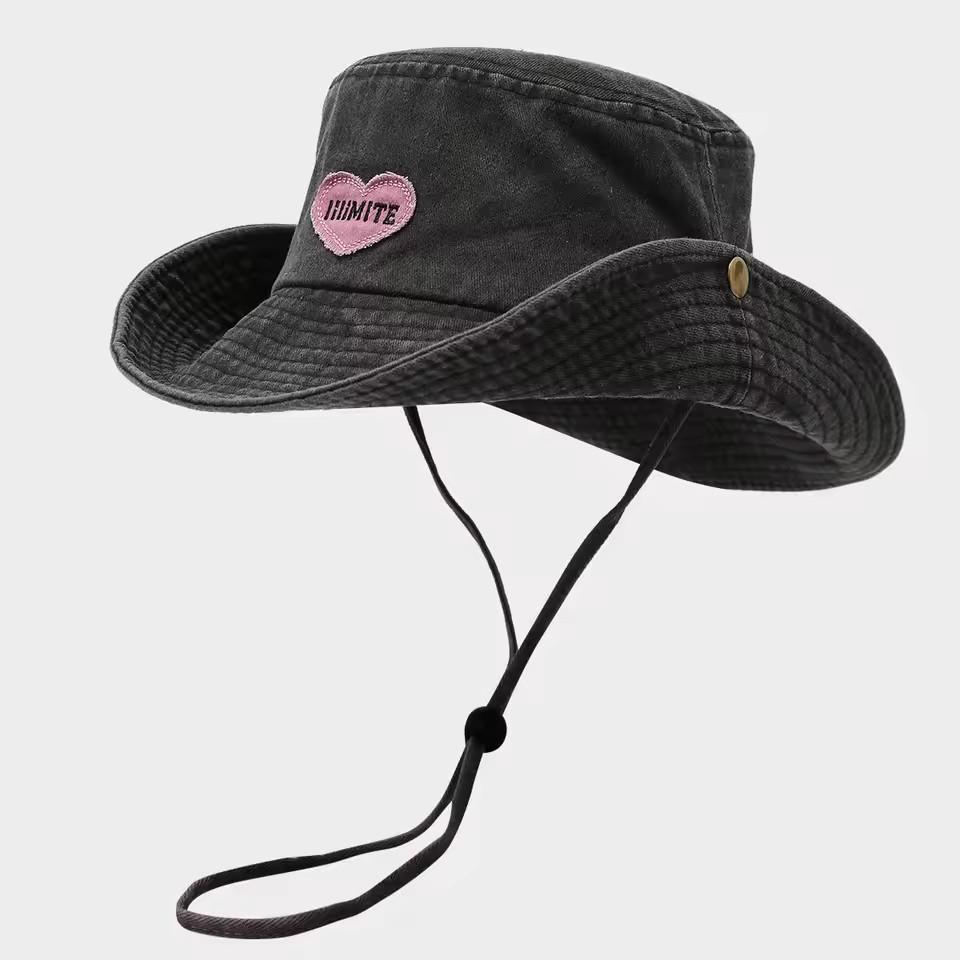 Japanese Retro Washed Cowboy Hats for Women Spring Summer Outdoor Camping Sun Protection Sweet Pink Love Bucket Caps