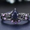 Nouvelles bagues de couple plaquées noir gunmetal ciel étoilé goutte d'eau pierre précieuse Ensemble de bagues pour femmes serti de diamant violet et de pierres précieuses colorées