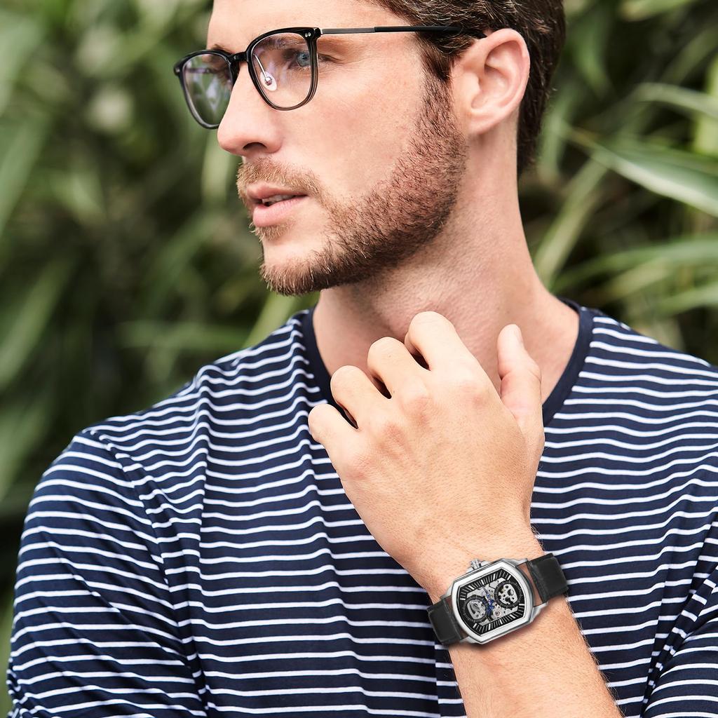 Automatic Watch with Genuine Leather Strap and Waterproof Stylish Square Quartz Watch in Black Perfect Gift for or Day Men's Design - Birthdays,