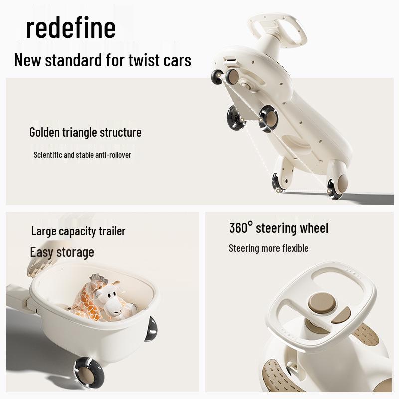 Silent Anti-Rollover Twist Car for Ages 1-3, Adult-Friendly Toddler Ride-On Toy.