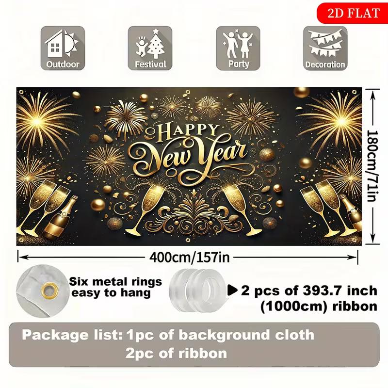 2D Black Gold New Year Fireworks Polyester Tapestry Party Background Cloth