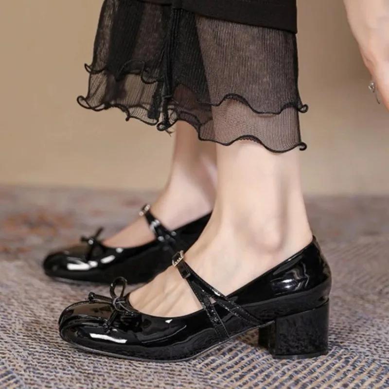 Ladies Shoes On Sale 2025 Mary Janes Women's High Heels Round Toe Bow Tie Dress Pumps Women Buckle Strap Crystal Med Heel Shoes