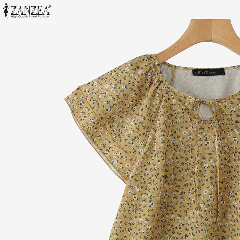 ZANZEA Women Summer Round Neck Ruffled Short Sleeve Floral Print Blouses