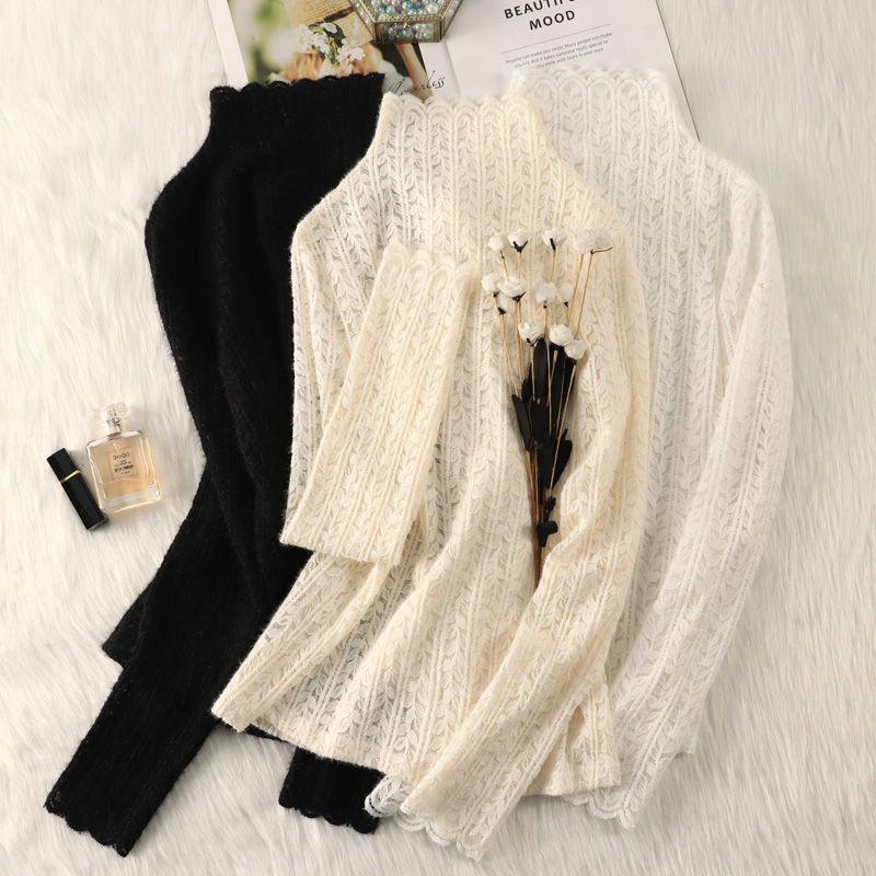 Brushed Lace High-Neck Mesh Top for Women - Trendy Autumn/Winter Layer