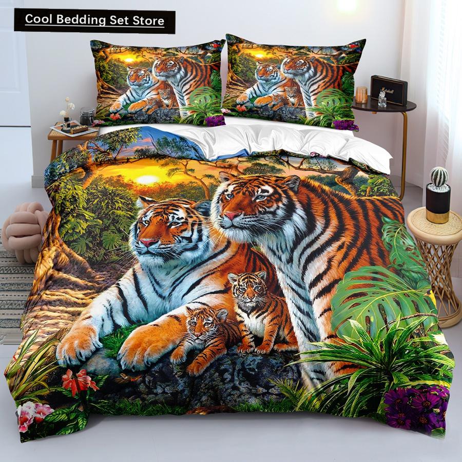 Comforter Lion Tiger King Queen Lovely Wild Animals Bedding Set For Kids Teens Adults Wildlife Grey Black 2/3Pcs