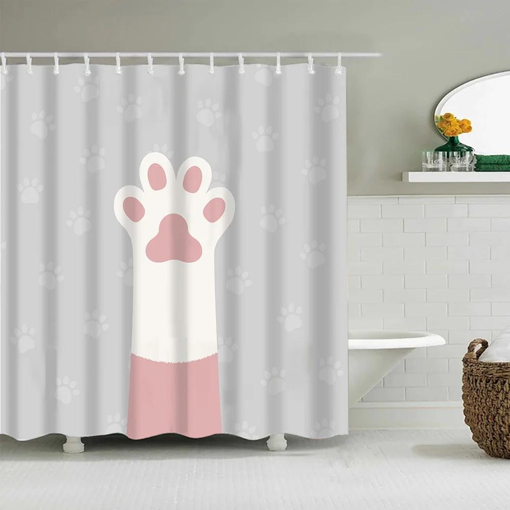 Cute Puppy Cat Cartoon Shower Curtain Waterproof Polyester Fabric With Hooks Washable Bathroom Decor Partition