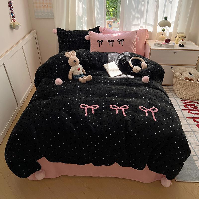 Girl Sweetheart Bow Embroidery Towel Embroidery Printing Thickened Milk Fleece Four-Piece Set