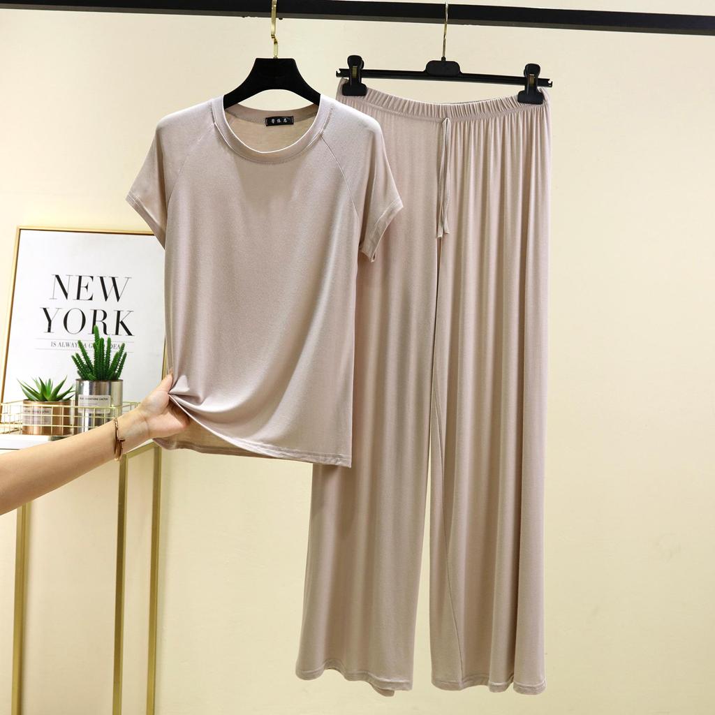 Damen Sommer Freizeit Modal Pyjama Set - Kurzarm T-Shirt & Hose, Übergröße, Bequeme zweiteilige Homewear