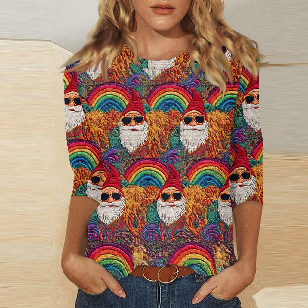 Women's Fashionable Casual Three Quarter Sleeve Christmas Printed Round Neck Top