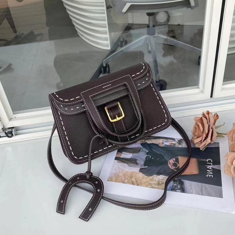 New Lychee Pattern Head Layer Togo Leather Hand Sewn Coarse Thread Horseshoe Bag Handheld Crossbody Leather Women's Bag