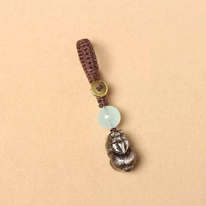 Silver Obsidian & Blue Chalcedony Pi Xiu Lanyard Keychain - Unisex Car & Phone Pendant