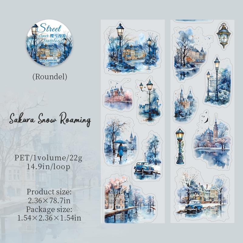 2m/roll PET Die-cut Tape Romantic City Travel Street Landscape Street Light Pattern Tape Creative DIY Greeting Card Decoration