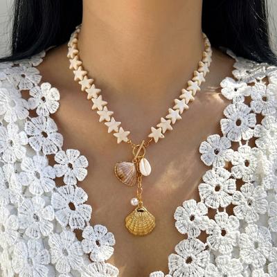 Retro Starfish White Shell Pendant Necklace for Women Bohemian Imitation Pearl Chain OT Buckle Necklace Summer Beach Jewelry