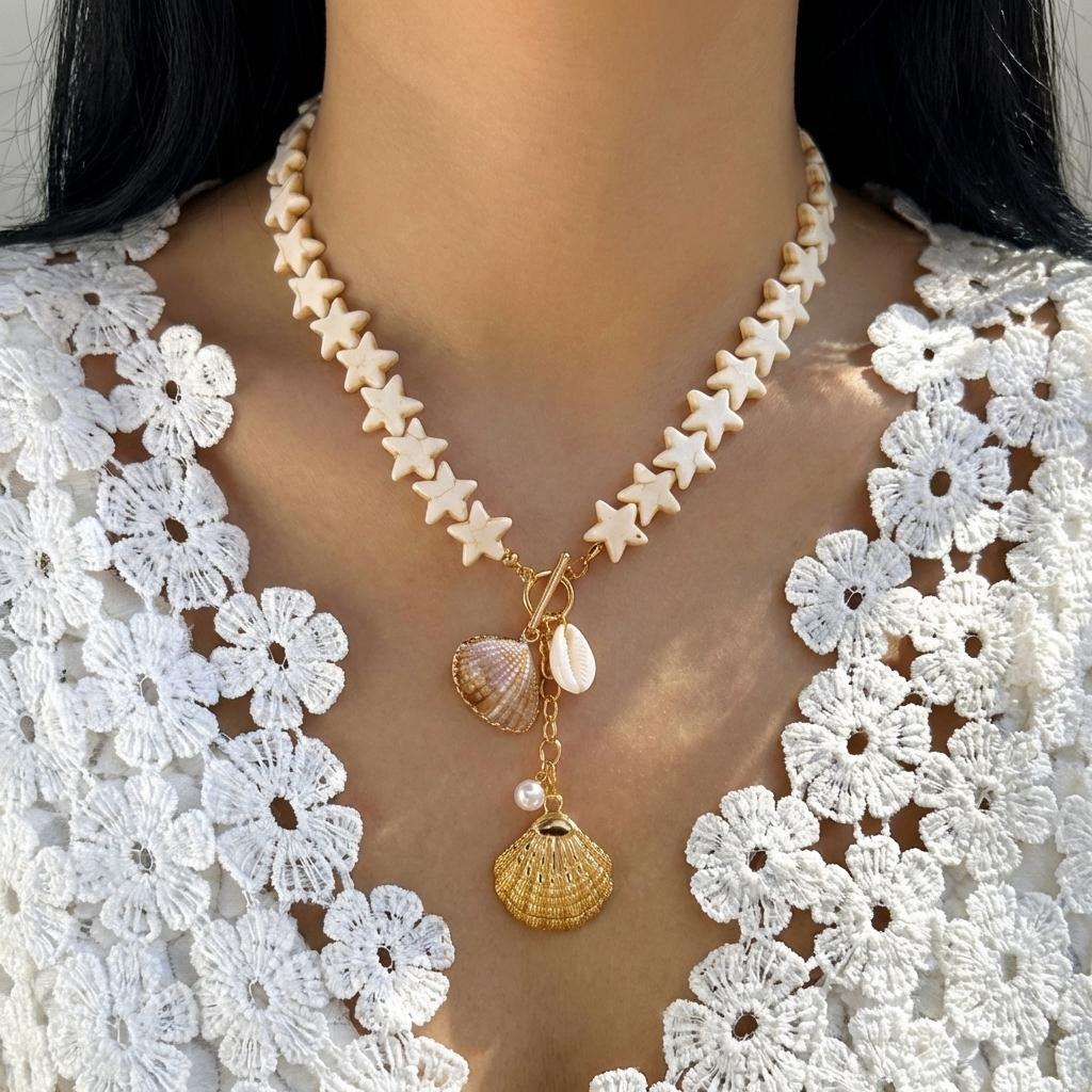 Retro Starfish White Shell Pendant Necklace for Women Bohemian Imitation Pearl Chain OT Buckle Necklace Summer Beach Jewelry