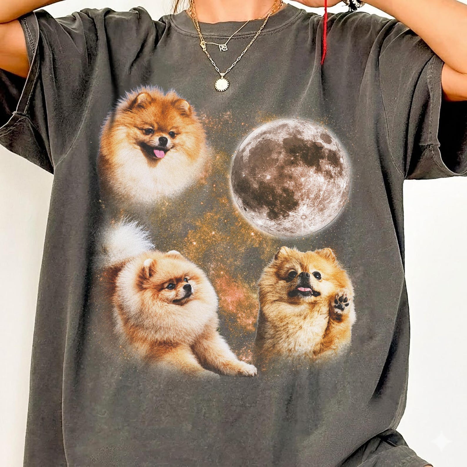 Comfort Colors Pomeranian T-Shirt, Three Pomeranians Moon Graphic Tee, Dog Mom Shirt, Pom Lover Gift, Fluffy Small Dog Tee, Pet Owner Gift XL
