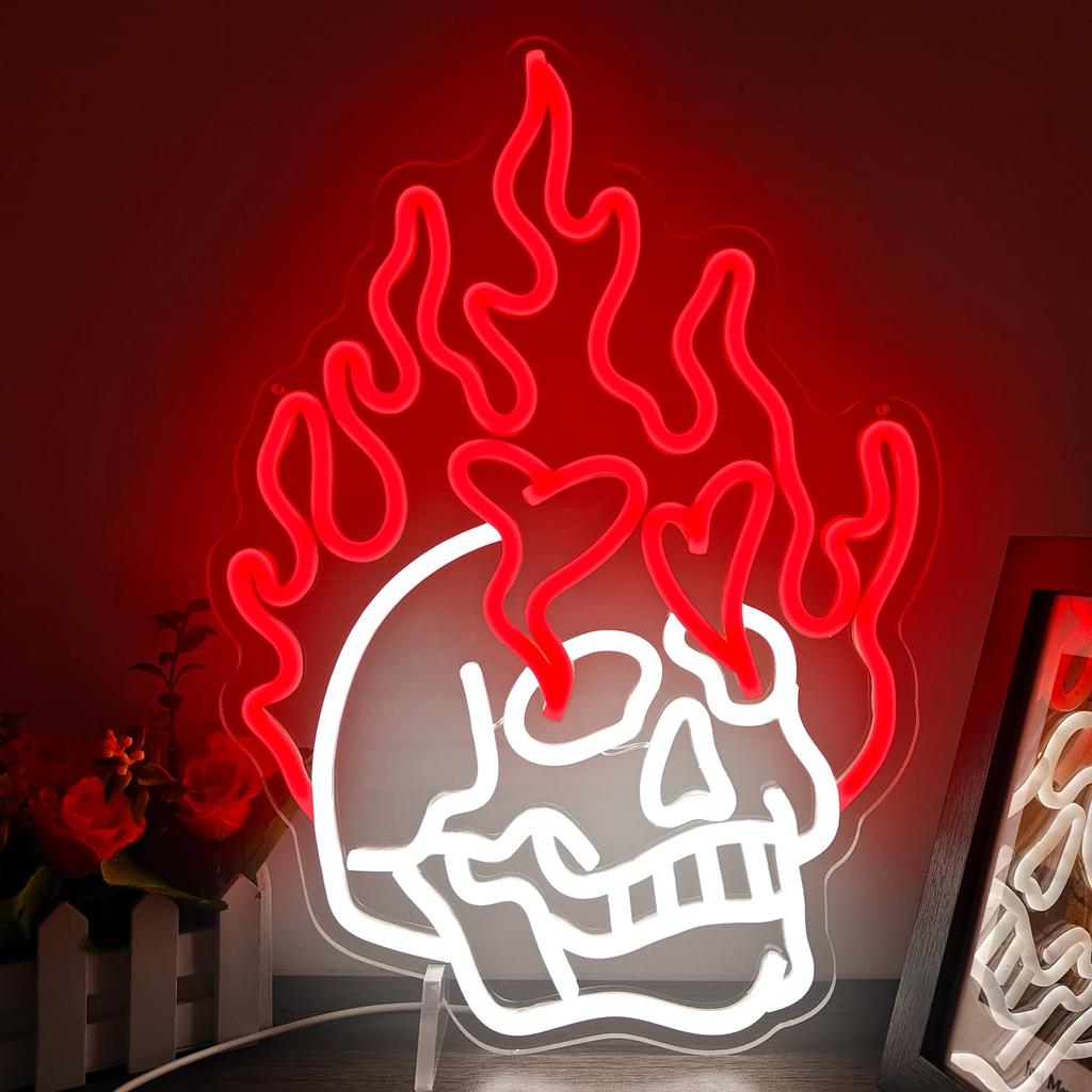 Skull Fire Neon Walls Decorated with Dimmable Halloween LED,USB-powered Men Cave Bar Club Game Room Halloween Party Decorations