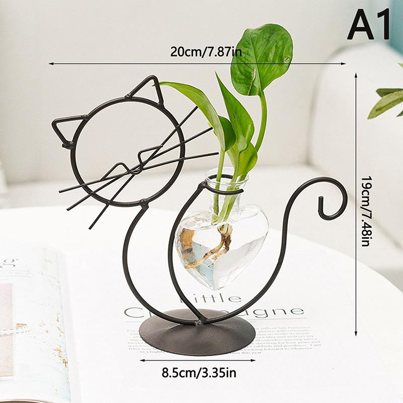 Creative Hydroponic Vase Simple Cat Iron Flower Machine Heart-Shaped Hydroponics Vase Creative Home Living Room Table Decor