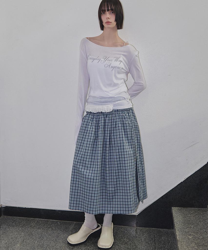 Lense Smocked Shirring Skirt Blue Check