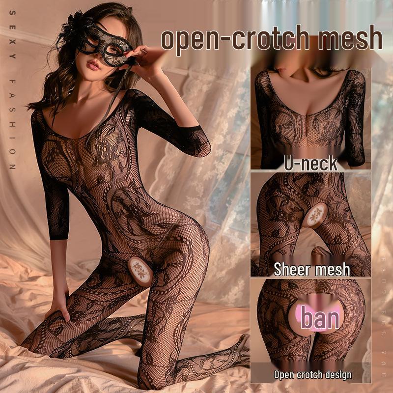 Europäische & Amerikanische Jacquard-Netzstoff U-Ausschnitt Schrittloser Bodystocking mit Erotischem Dessous-Design