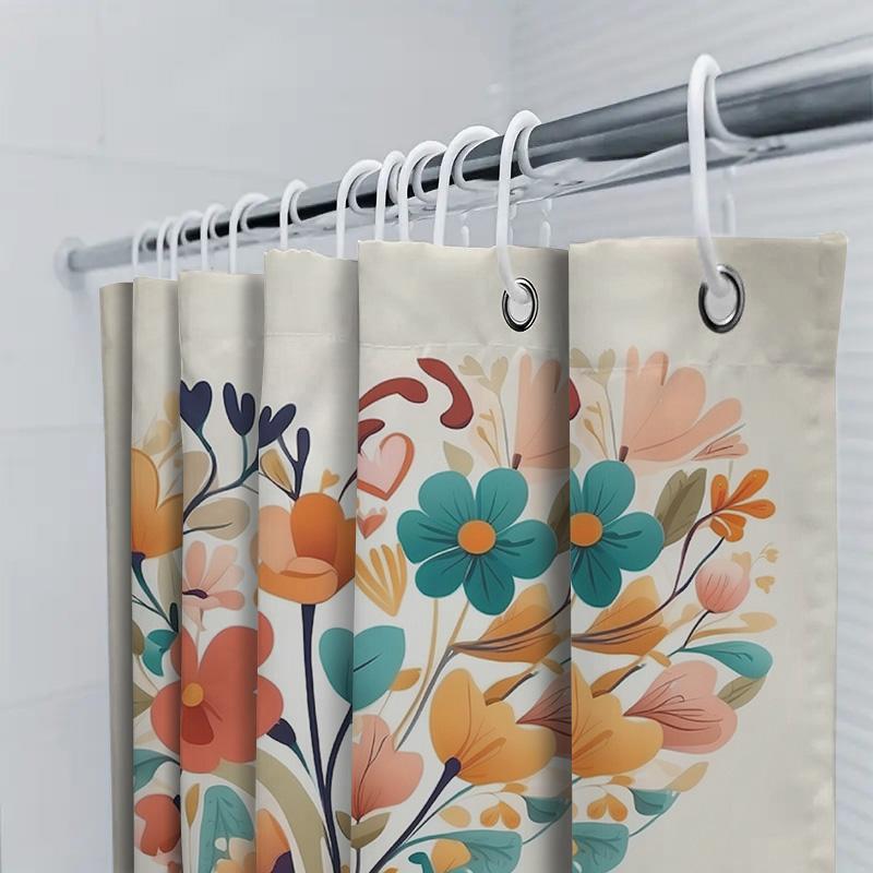 Colorful Heart-Shaped Floral Print Shower Curtain For Bathroom Decor