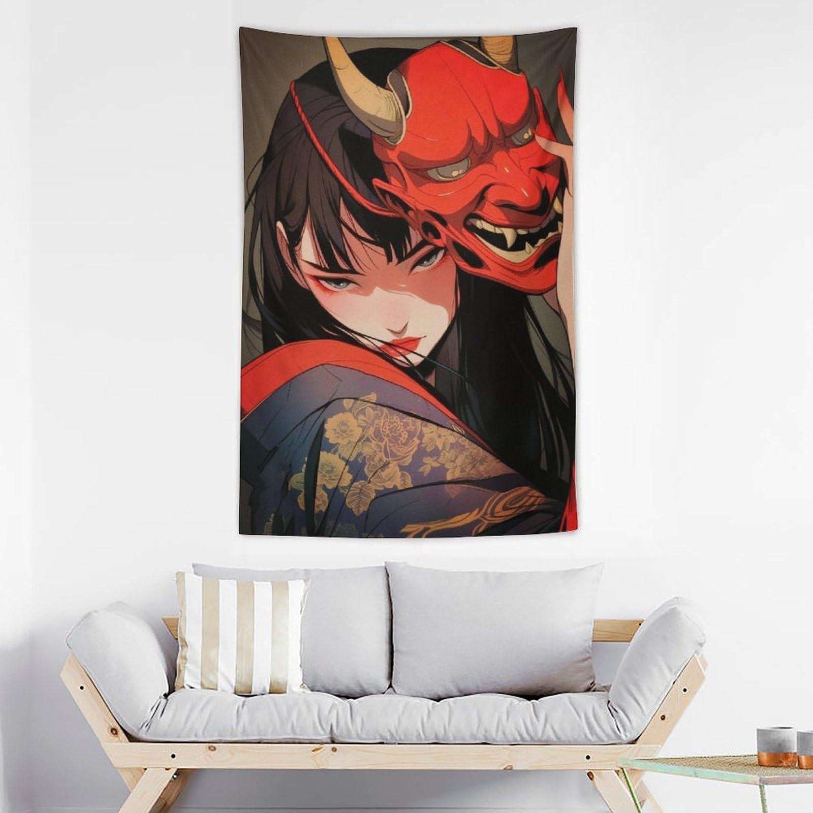 

VIKAMA JapanStyle Prajna Mask Girl Tapestry Personality Trendy Cool Wind Bedroom Living Room Background Tapestry Home Decor 74x94cm(29x37in)