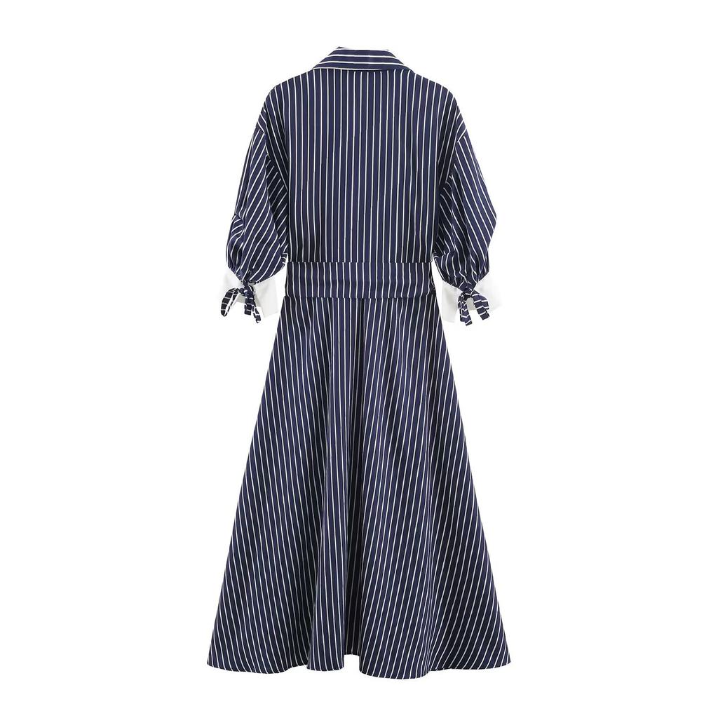 Autumn European and American Women's Clothing Medium and Long with Belt Striped Midi Dress