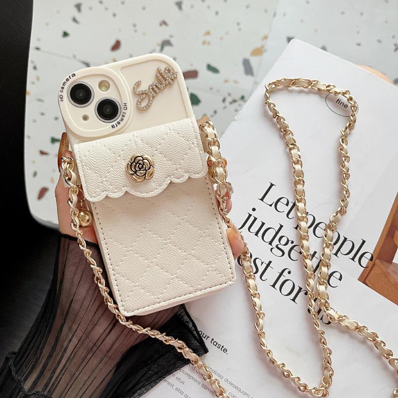 

For IPhone17Pro Mobile Phone Case for Apple 15plus Diagonal Chain 16 Coin Purse Card Holder Camellia Letters For iPhone 17Promax