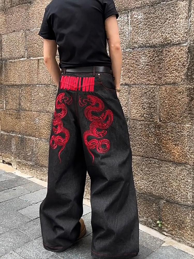 ZYLLO Americké červené Vyšívané džíny Retro Široké kalhoty k podlaze Velká velikost Těžký průmyslový design Senzorický streetový oděv