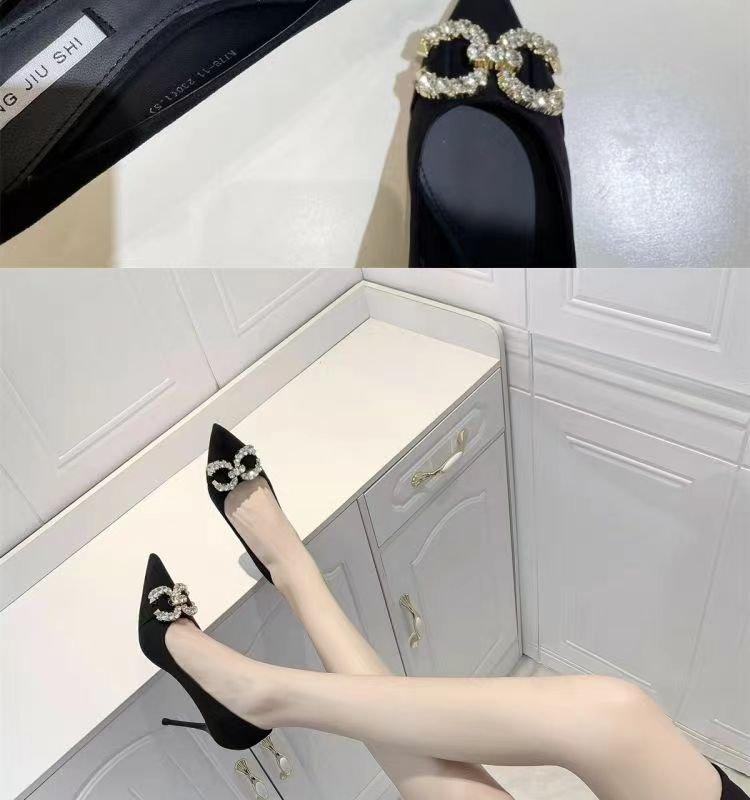 2025 New Black Rhinestone Sexy Thin Heel Suede High Heels Pointed Temperament Design French Single Shoes Women