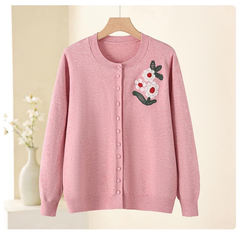 

2026 Spring Embroidered Knit Sweater for Middle-aged & Elderly Women - Soft, Loose Button-up Top XL (suggested for 45-53 kg) рожевий