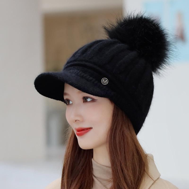 

Вязаная бейсболка из меха кролика в корейском стиле для женщин — однотонная шерстяная зимняя шапка с защитой ушей и бархатной подкладкой. M (56-58cm)