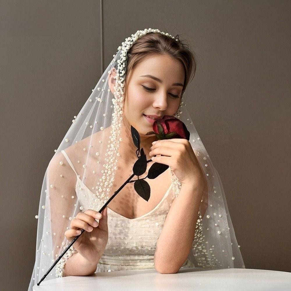 Pearls Pearls Tulle Bridal Veil 130cm Wedding veil Exquisite Long Wedding Veil  For Women