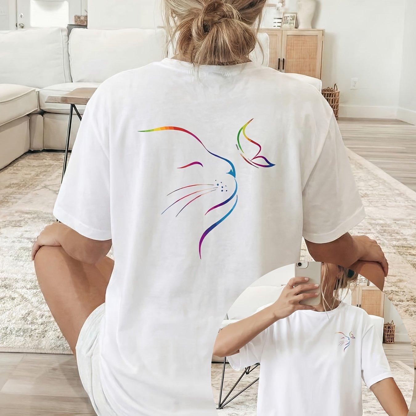 

Plus Size Summer Womens Rainbow Gradient Cat Head Print TShirt Cotton Breathable Stylish Versatile Street Style Oversized XL