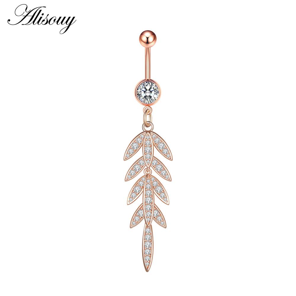Alisouy 1pc Zircon Sexy Long Belly Ring Star Sun Moon Heart Navel Piercing Surgical Steel Women Belly Button Ring Navel Jewelry