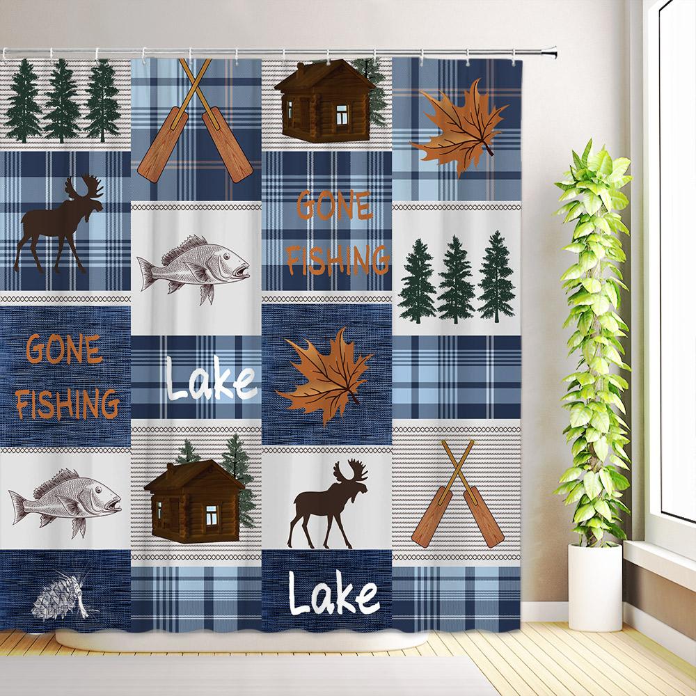 Rustic Cabin Shower Curtain Forest Animal Bear Deer Elephant Woodland Farmhouse Bathroom Decor Fabric Bath Curtains with Hooks