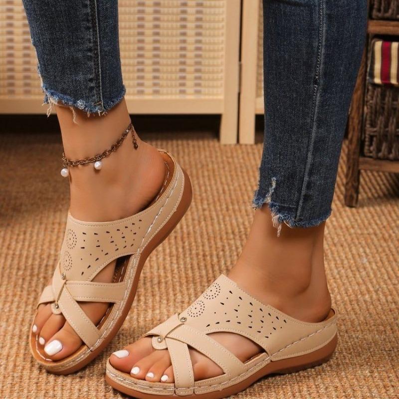 Women's Summer New Slope Heel Slippers Women's Cross I-shaped Solid Color Outerwear Beach Cool Slippers