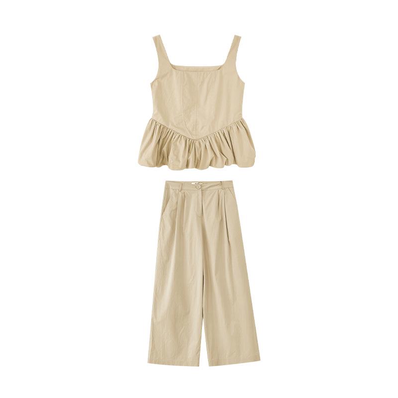 

НОВИНКА 2024 Лето Корейский Минималистичный Шик Брюки и Топ Модный Комплект Medium хаки