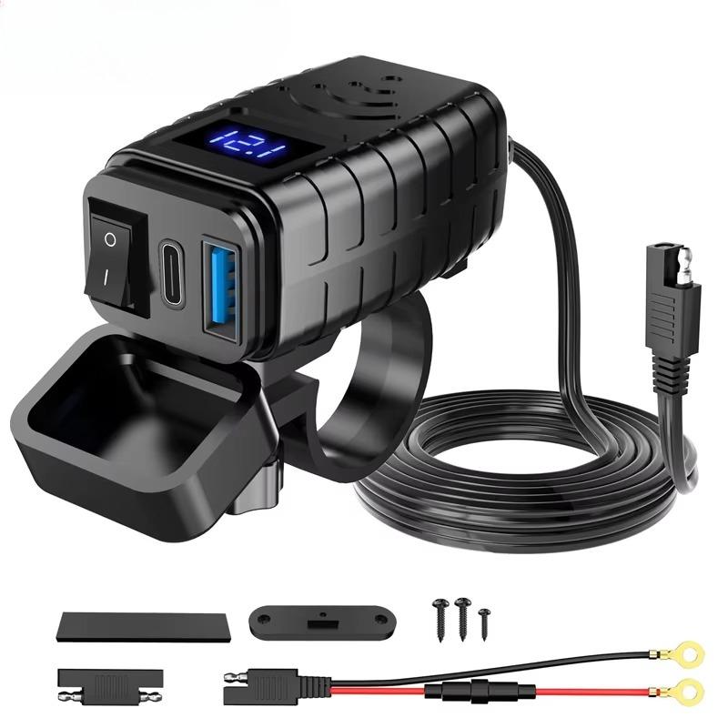 60W PD QC3.0 Motorcycle USB Fast Charger Handlebar Dual USB Socket with Switch Voltmeter Waterproof 12V Power Supply Adapter