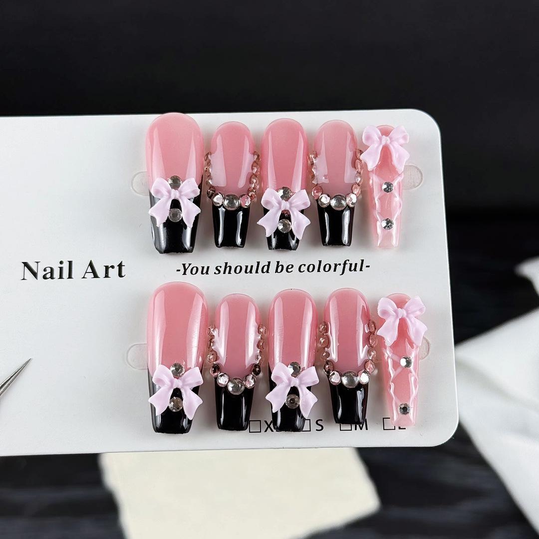 Pure Handmade Detachable Pink & Black French Bow Nails S - Small