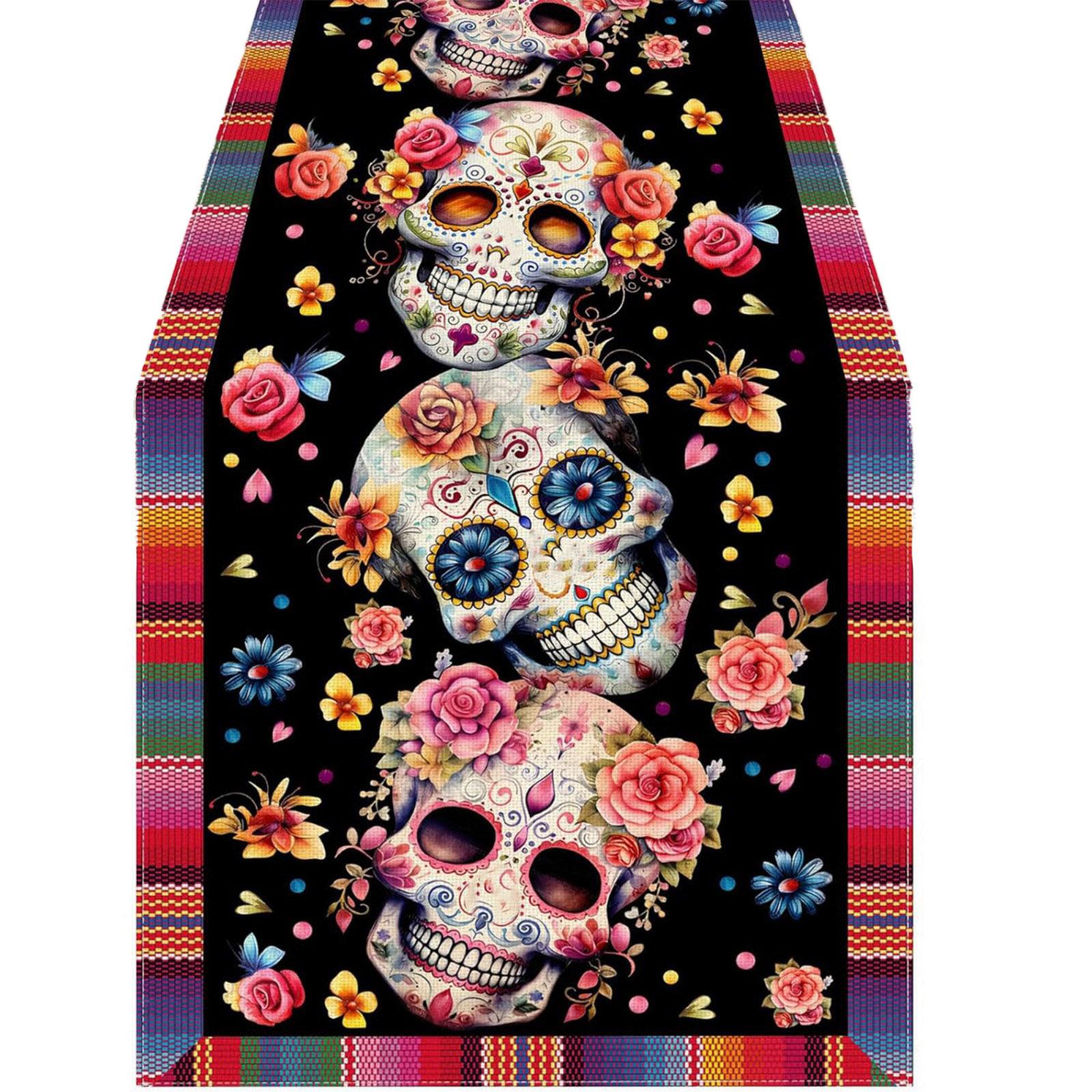 

Day of the Dead Table Runner 33x120cm with Skull and Floral Pattern Decorative Table Cloth for Holiday and Festival Decoration One Size