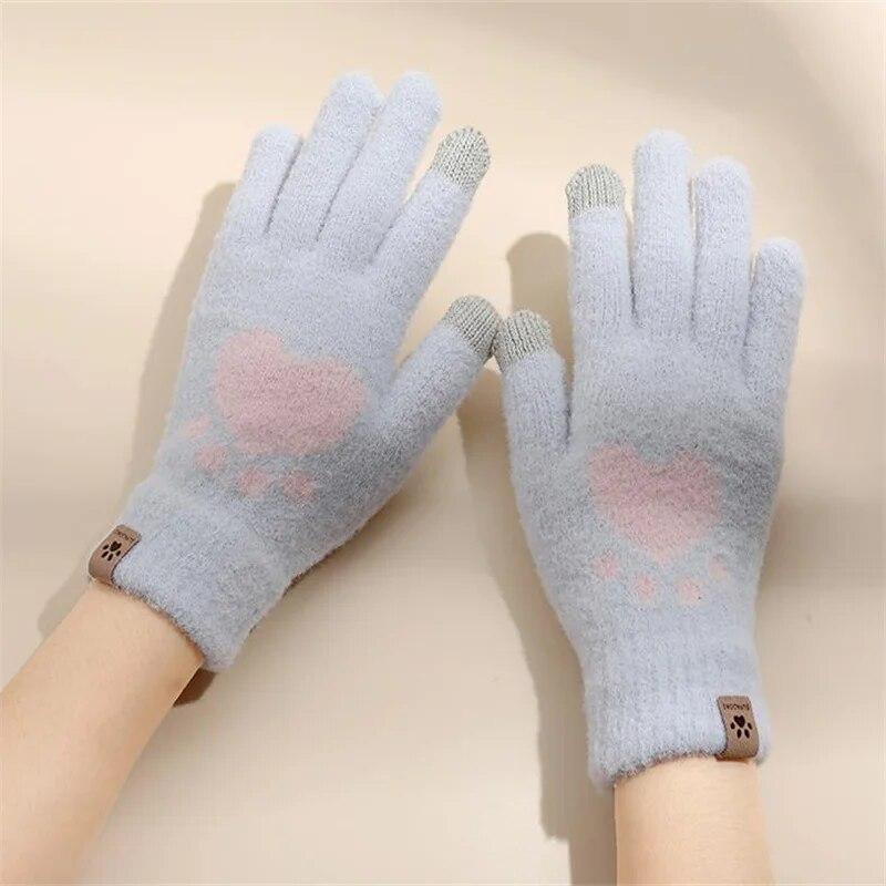 Fashion Cat Paw Printing Gloves Mobile Phone Touchscreen Knitted Gloves Winter Thick & Warm Adult Soft Fluffy Gloves Men's Women