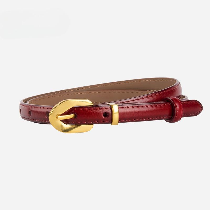 Niche Popular Genuine Leather Black Thin Belt Women's Decorative Dress Retro Gold Buckle Versatile Belt Women's Style