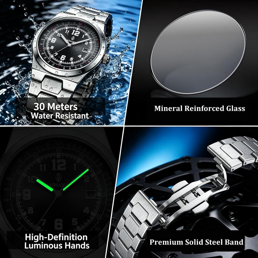 Vintage Aviation Pilot Watch for Men Waterproof Quartz Watch with Date Luminous Hands Steel Strap Dress Wrist Watch