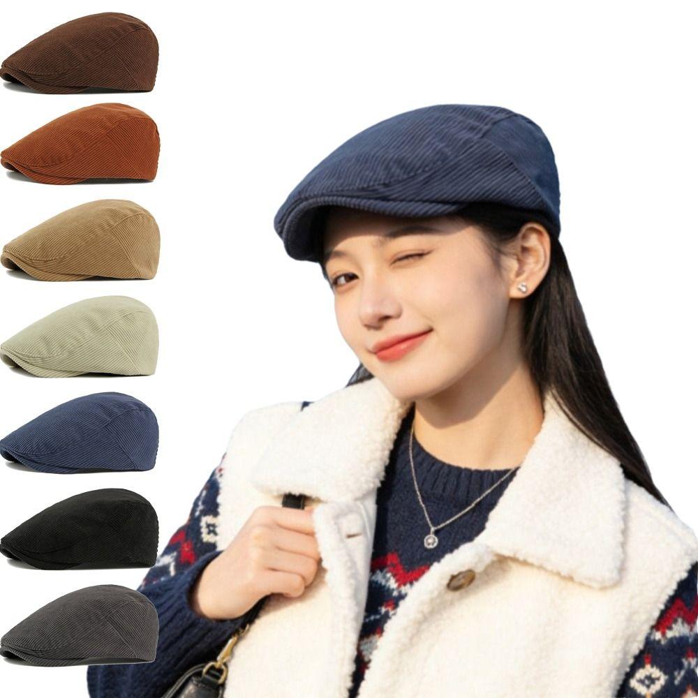 Retro Solid Color Corduroy Beret Hat Adjustable Big Size Newsboy Hat Vintage Style Women's Flat Hat Casual Wear