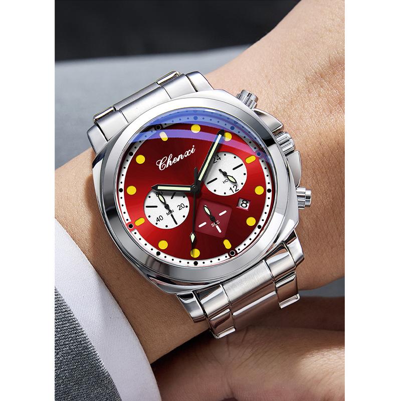Mens Watch Square Dial Fashion Quartz Wrist Watches Multifunctional Chronograph Waterproof Luminous Gifts Box