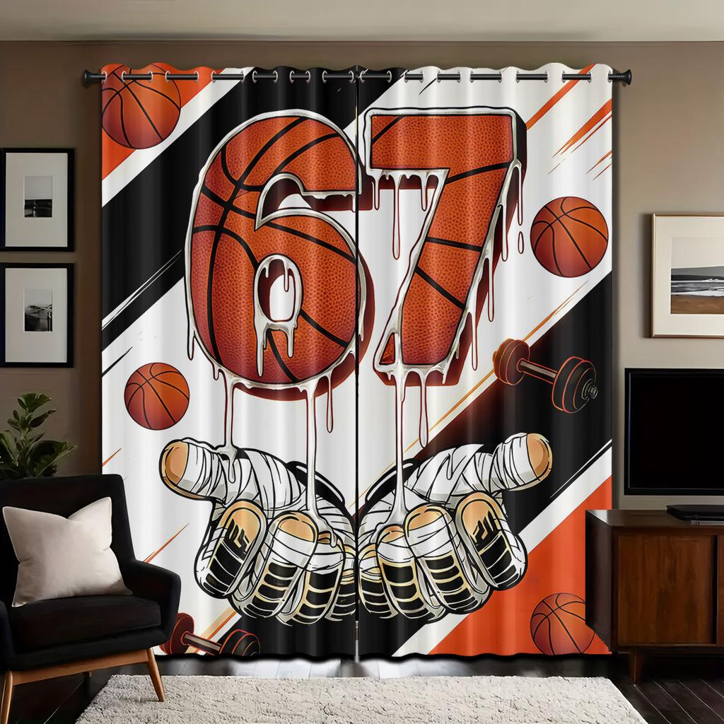 Room Darkening Basketball Element Print Perforated Curtains Multiple Size Living Insulation Decoration Easy Installation Curtain Set Of 2 Made